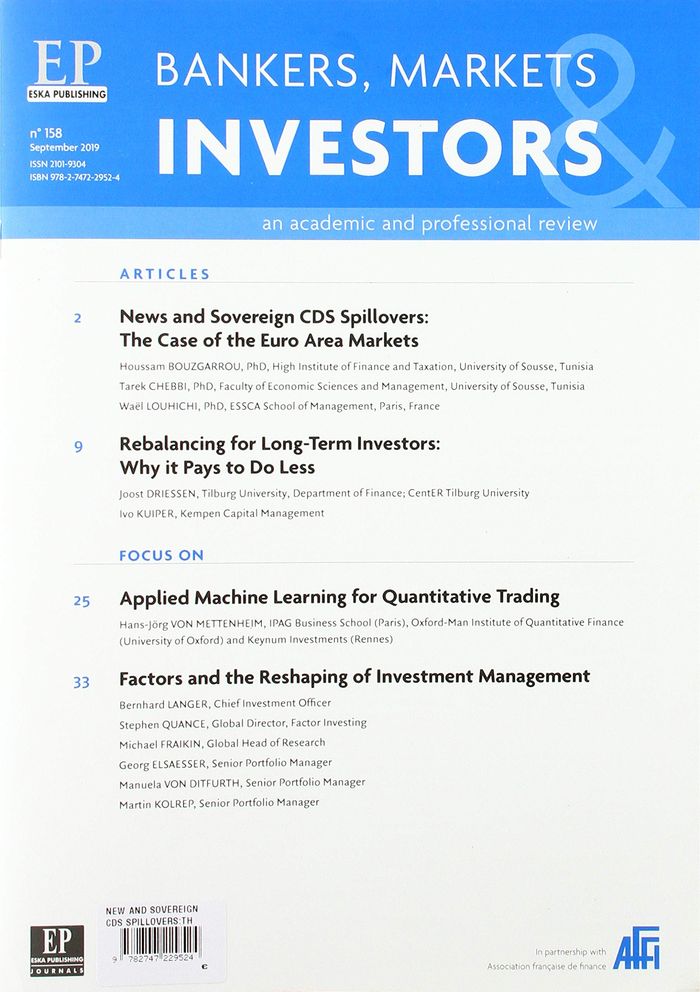 Couverture du livre « NEW AND SOVEREIGN CDS SPILLOVERS:THE CASE OF THE EURO AREA MARKETS-BMI 158-2019 - BANKERS, MARKETS I » de Eska Editions, librairie Les Contes Infusés à Corte