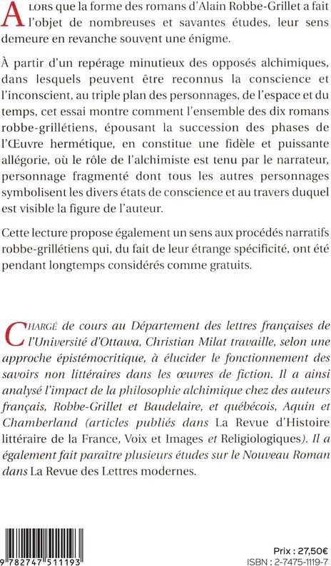 Quatrième de couverture de « ROBBE-GRILLET - ROMANCIER ALCHIMISTE »