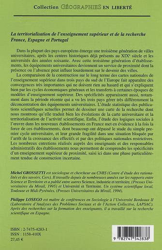 Quatrième de couverture de « LA TERRITORIALISATION DE L'ENSEIGNEMENT SUPERIEUR ET DE LA RECHERCHE - FRANCE, ESPAGNE ET PORTUGAL »
