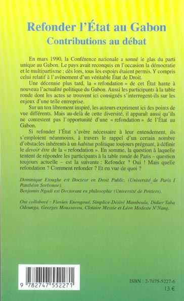 Quatrième de couverture de « REFONDER L'ETAT AU GABON »