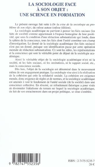 Quatrième de couverture de « LA SOCIOLOGIE FACE A SON OBJET UNE SCIENCE EN FORMATION »