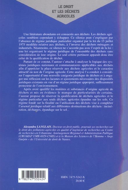 Quatrième de couverture de « LE DROIT ET LES DECHETS AGRICOLES »