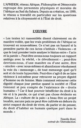 Quatrième de couverture de « PAIX, VIOLENCE ET DEMOCRATIE EN AFRIQUE - ACTES DU COLLOQUE D'ABIDJAN 9 AU 11 JANVIER 2002 »