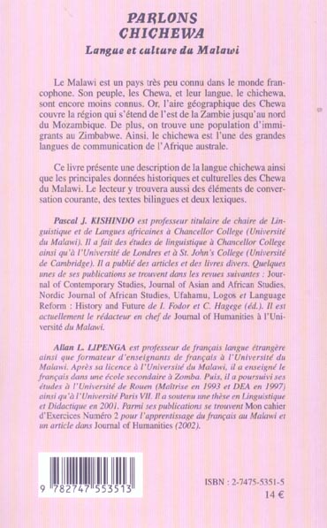 Quatrième de couverture de « PARLONS CHICHEWA - LANGUE ET CULTURE DU MALAWI »
