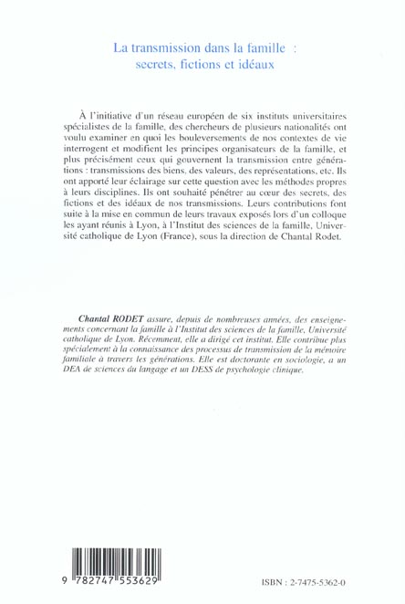 Quatrième de couverture de « TRANSMISSION DANS LA FAMILLE - SECRETS, FICTIONS ET IDEAUX »