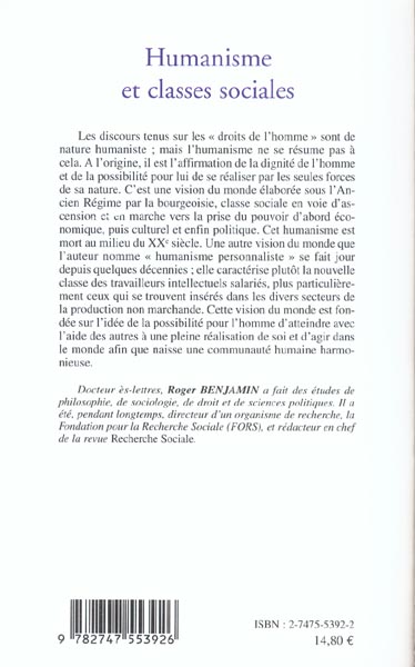 Quatrième de couverture de « HUMANISME ET CLASSES SOCIALES »