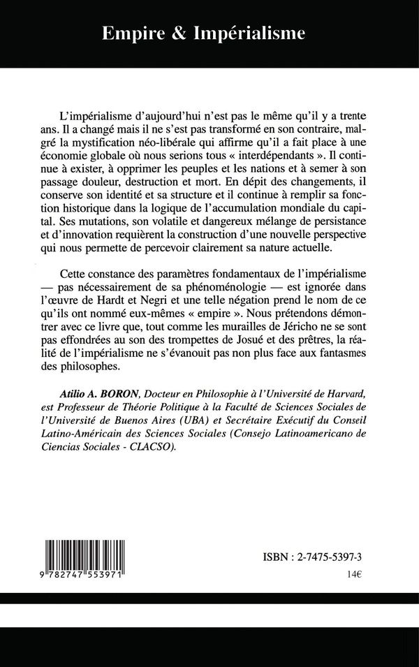 Quatrième de couverture de « EMPIRE ET IMPERIALISME - UNE LECTURE CRITIQUE DE MICHAEL HARDT ET ANTONIO NEGRI »