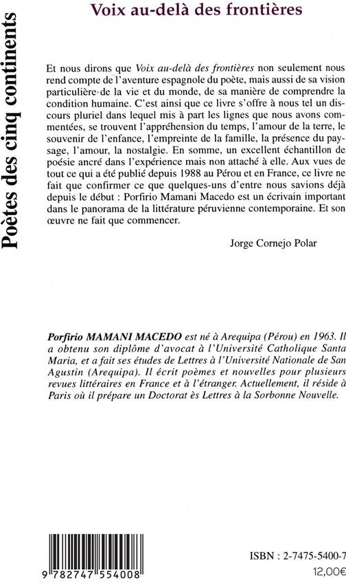 Quatrième de couverture de « VOIX AU-DELA DES FRONTIERES »