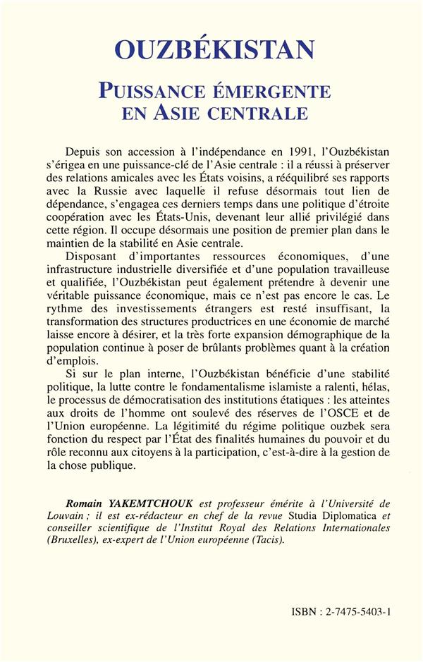 Quatrième de couverture de « OUZBEKISTAN - PUISSANCE EMERGENTE EN ASIE CENTRALE »