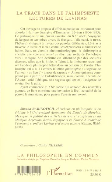 Quatrième de couverture de « LA TRACE DANS LE PALIMPSESTE / LECTURES DE LEVINAS »