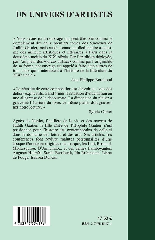 Quatrième de couverture de « UN UNIVERS D'ARTISTES - AUTOUR DE THEOPHILE ET DE JUDITH GAUTIER »