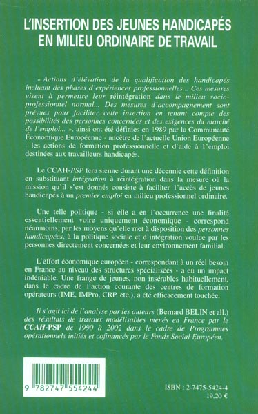 Quatrième de couverture de « L'INSERTION DES JEUNES HANDICAPES EN MILIEU ORDINAIRE DE TRAVAIL »