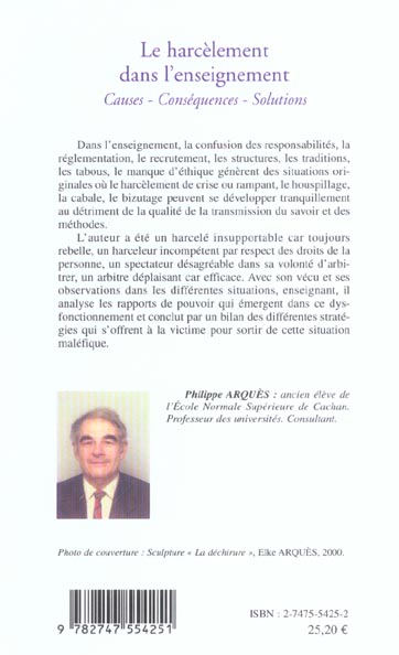 Quatrième de couverture de « LE HARCELEMENT DANS L'ENSEIGNEMENT - CAUSES, CONSEQUENCES, SOLUTIONS »