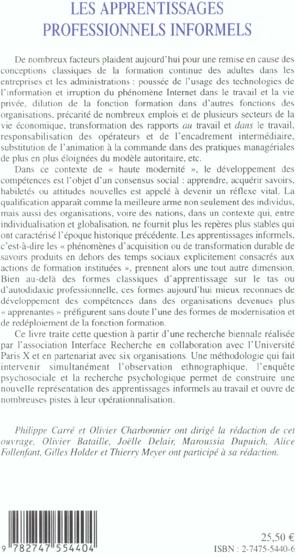 Quatrième de couverture de « LES APPRENTISSAGES PROFESSIONNELS INFORMELS »