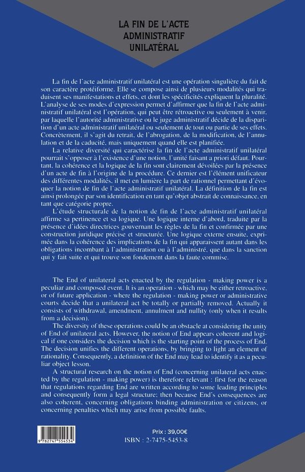 Quatrième de couverture de « LA FIN DE L'ACTE ADMINISTRATIF UNILATERAL »