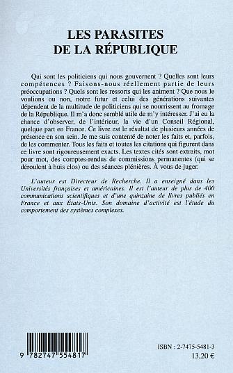 Quatrième de couverture de « LES PARASITES DE LA REPUBLIQUE »