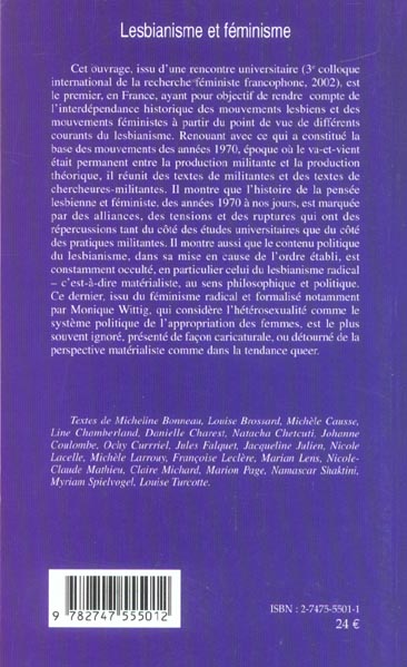 Quatrième de couverture de « LESBIANISME ET FEMINISME - HISTOIRES POLITIQUES »