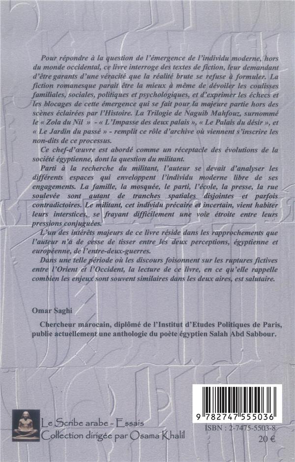 Quatrième de couverture de « FIGURES DE L'ENGAGEMENT - LE MILITANT DANS "LA TRILOGIE" DE NAGUIB MAHFOUZ »