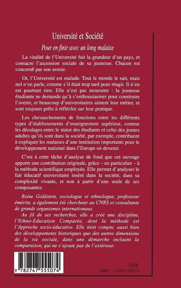 Quatrième de couverture de « UNIVERSITE ET SOCIETE - POUR EN FINIR AVEC UN LONG MALAISE »