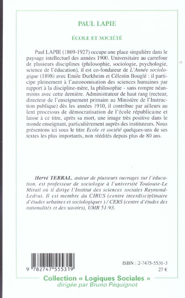 Quatrième de couverture de « PAUL LAPIE - ECOLE ET SOCIETE »