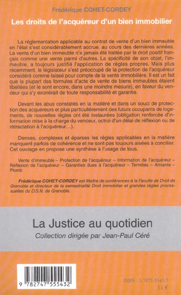 Quatrième de couverture de « LES DROITS DE L'ACQUEREUR D'UN BIEN IMMOBILIER »
