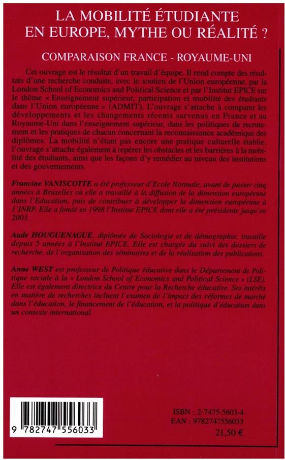 Quatrième de couverture de « LA MOBILITE ETUDIANTE EN EUROPE, MYTHE OU REALITE ? - COMPARAISON FRANCE - ROYAUME-UNI »