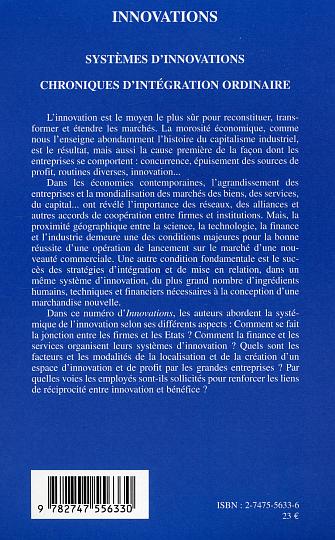 Quatrième de couverture de « SYSTEMES D'INNOVATIONS - VOL19 - CHRONIQUES D'INTEGRATION ORDINAIRE »