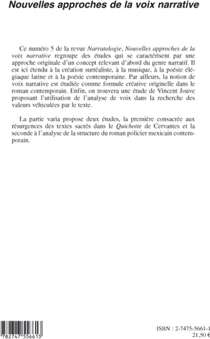 Quatrième de couverture de « NOUVELLES APPROCHES DE LA VOIX NARRATIVE - VOL05 »
