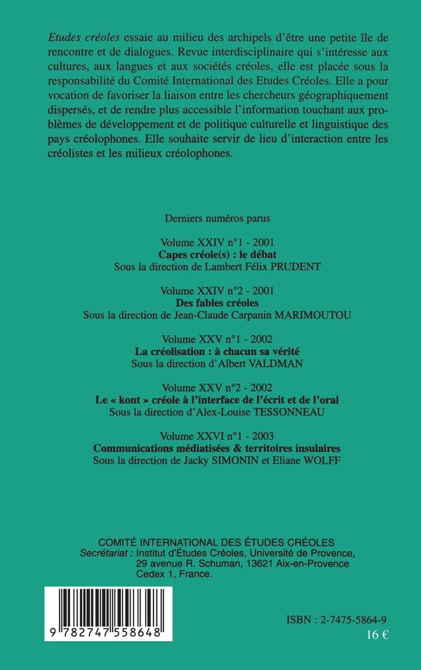 Quatrième de couverture de « CREOLES DE L'OCEAN INDIEN : ECLAIRAGES ET PERSPECTIVES - VOL02 »