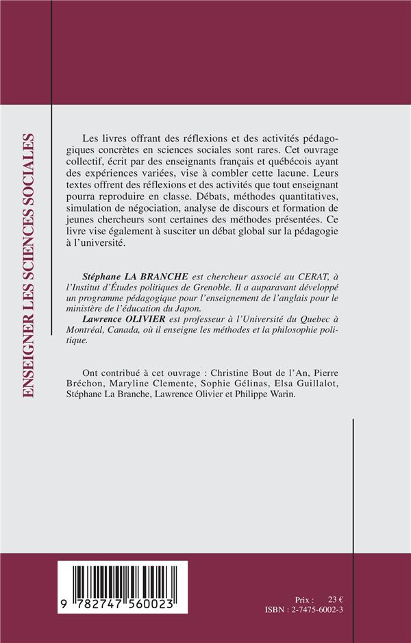 Quatrième de couverture de « ENSEIGNER LES SCIENCES SOCIALES - EXPERIENCES DE PEDAGOGIE UNIVERSITAIRE »