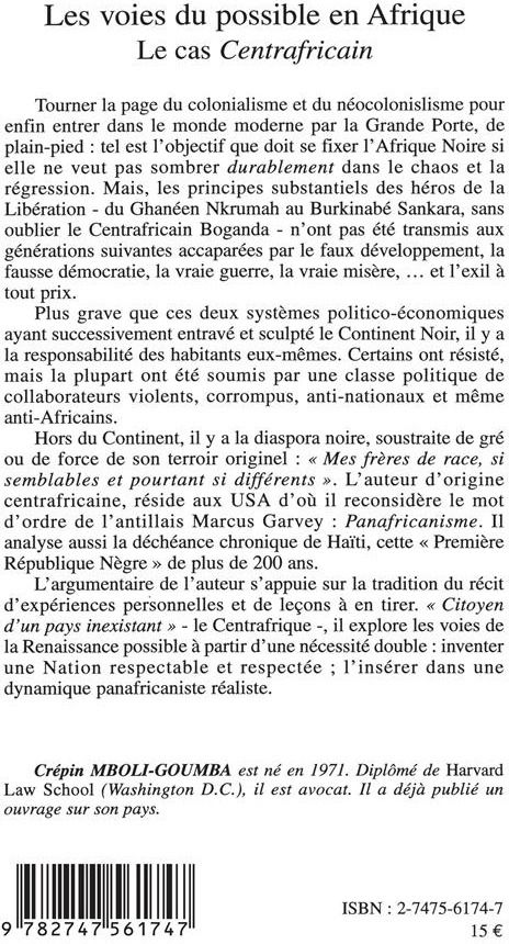 Quatrième de couverture de « LES VOIES DU POSSIBLE EN AFRIQUE - LE CAS CENTRAFRICAIN »