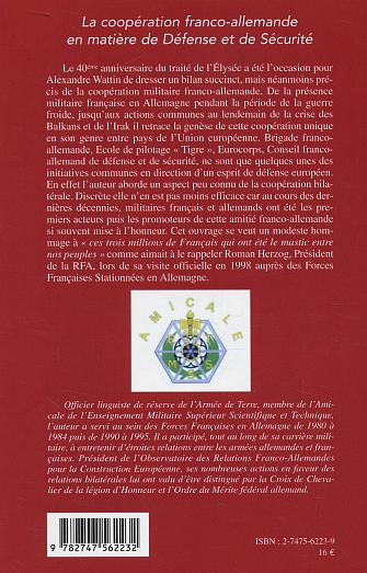 Quatrième de couverture de « LA COOPERATION FRANCO-ALLEMANDE EN MATIERE DE DEFENSE ET DE SECURITE »