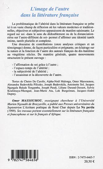 Quatrième de couverture de « L'IMAGE DE L'AUTRE DANS LA LITTERATURE FRANCAISE »