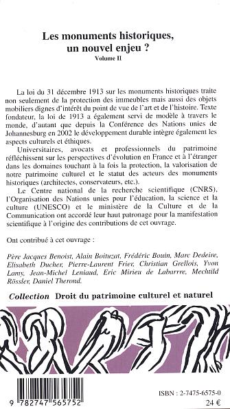 Quatrième de couverture de « LES MONUMENTS HISTORIQUES, UN NOUVEL ENJEU ? - VOLUME 2 »