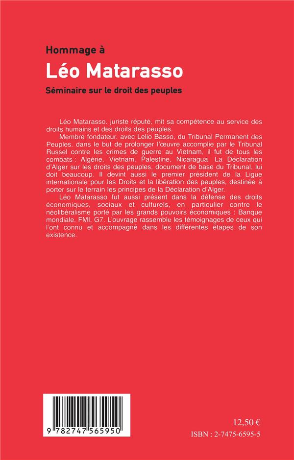 Quatrième de couverture de « HOMMAGE A LEO MATARASSO - SEMINAIRE SUR LE DROIT DES PEUPLES »
