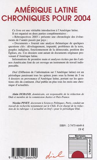 Quatrième de couverture de « AMERIQUE LATINE - CHRONIQUES POUR 2004 »