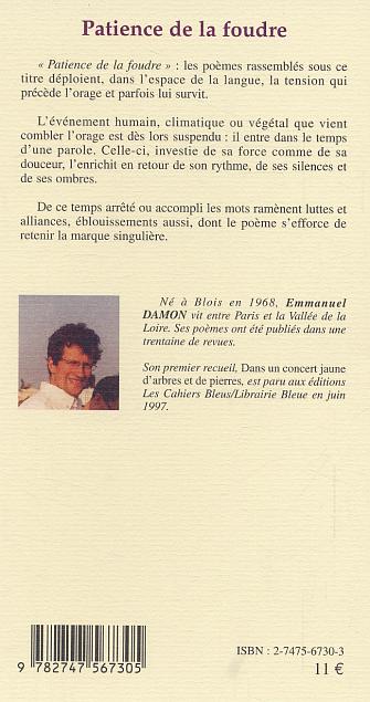 Quatrième de couverture de « PATIENCE DE LA FOUDRE »