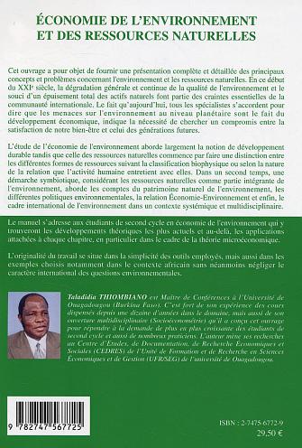 Quatrième de couverture de « ECONOMIE DE L'ENVIRONNEMENT ET DES RESSOURCES NATURELLES »