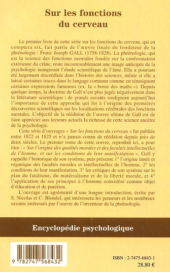 Quatrième de couverture de « SUR LES FONCTIONS DU CERVEAU - VOL01 - SUR L'ORIGINE DES QUALITES MORALES - TOME 1 »