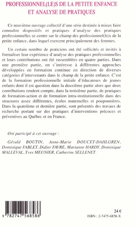 Quatrième de couverture de « PROFESSIONNEL(LE)S DE LA PETITE ENFANCE ET ANALYSES PRATIQUES »