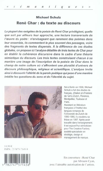 Quatrième de couverture de « RENE CHAR : DU TEXTE AU DISCOURS - TROIS LECTURES SEMIOTIQUES »