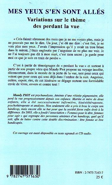 Quatrième de couverture de « MES YEUX S'EN SONT ALLES - VARIATIONS SUR LE THEME DES PERDANT LA VUE »