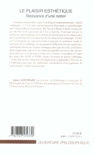 Quatrième de couverture de « LE PLAISIR ESTHETIQUE - NAISSANCE D'UNE NOTION »