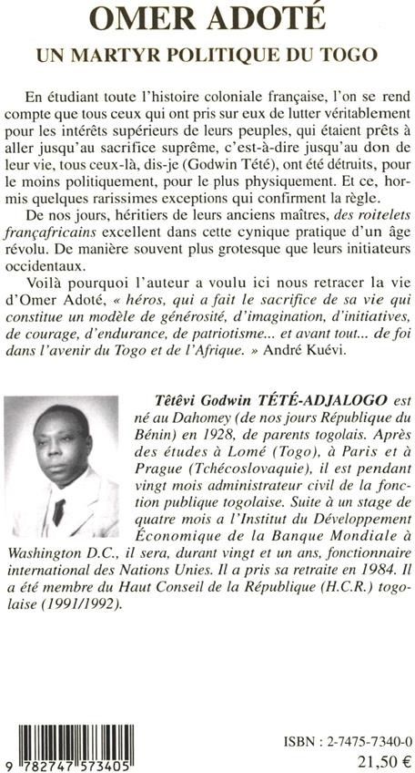 Quatrième de couverture de « OMER ADOTE UN MARTYR POLITIQUE DU TOGO »