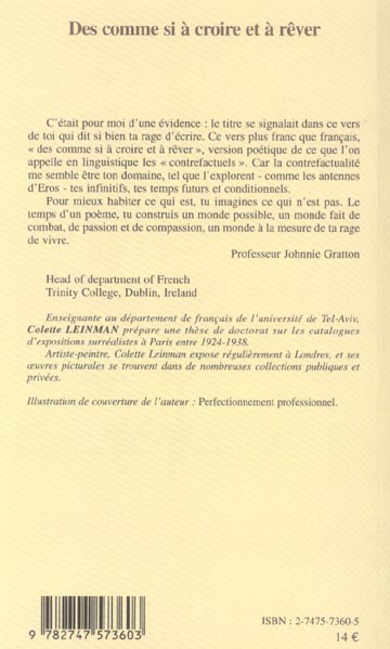 Quatrième de couverture de « DES COMME SI A CROIRE ET A REVER »