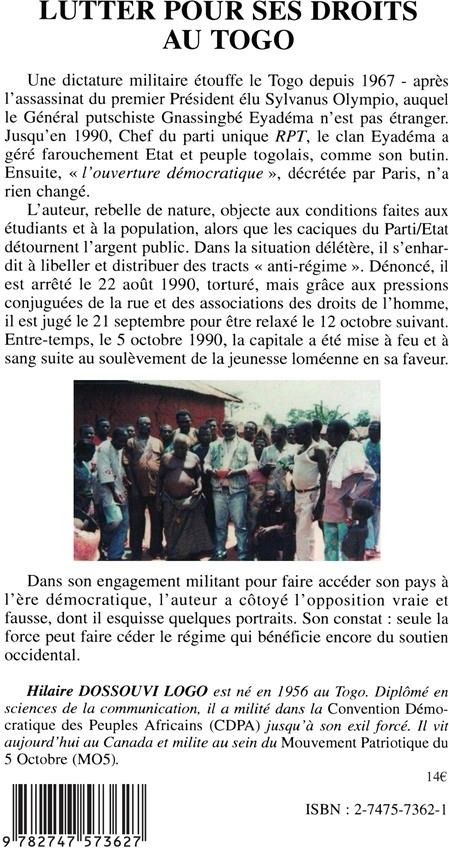 Quatrième de couverture de « LUTTER POUR SES DROITS AU TOGO »