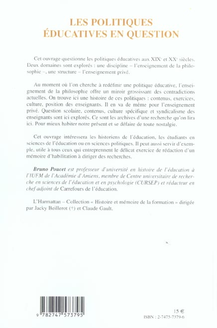 Quatrième de couverture de « LES POLITIQUES EDUCATIVES EN QUESTION »