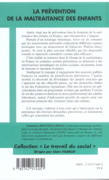 Quatrième de couverture de « LA PREVENTION DE LA MALTRAITANCE DES ENFANTS »