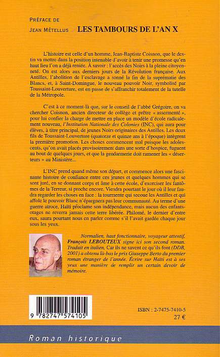 Quatrième de couverture de « LES TAMBOURS DE L'AN X - CHRONIQUE D'UN EXIL HAITIEN »