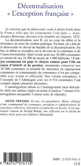 Quatrième de couverture de « DECENTRALISATION "L'EXCEPTION FRANCAISE" »